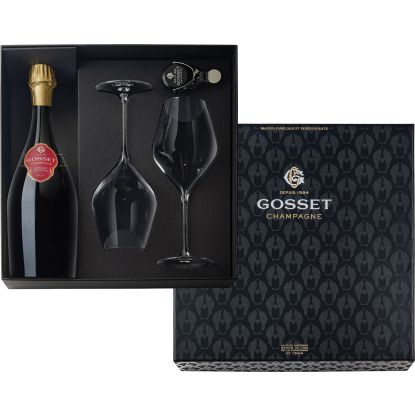 Coffret Champagne Gosset - Grande Réserve Brut avec 2 flûtes et un bouchon